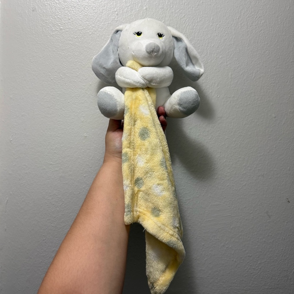 Little Beginnings Bunny Lovey Security Blanket Yellow Gray dots